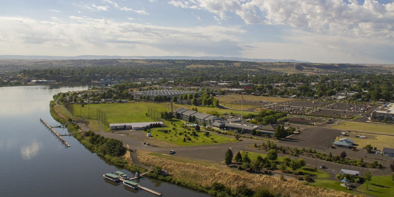 An aerial view of the Port of Clarkston, with Walmart and Costco visible in the background