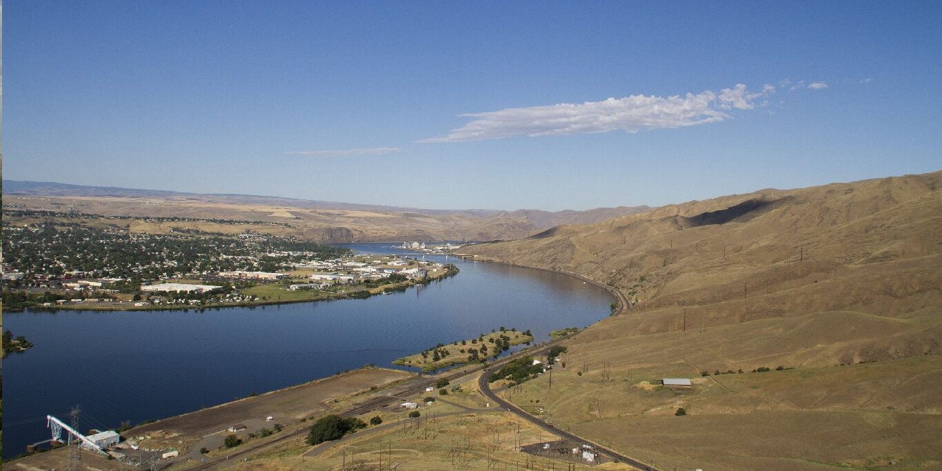 An aerial view of the Northport Industrial park, looking across the Snake River at the Port of Clarkston