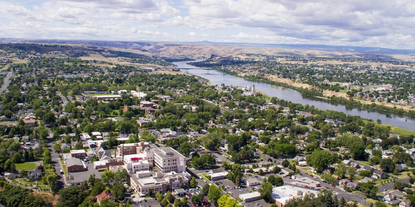 An aerial view of Lewiston, with St. Joseph Regional Medical Center and Lewis-Clark State College featured
