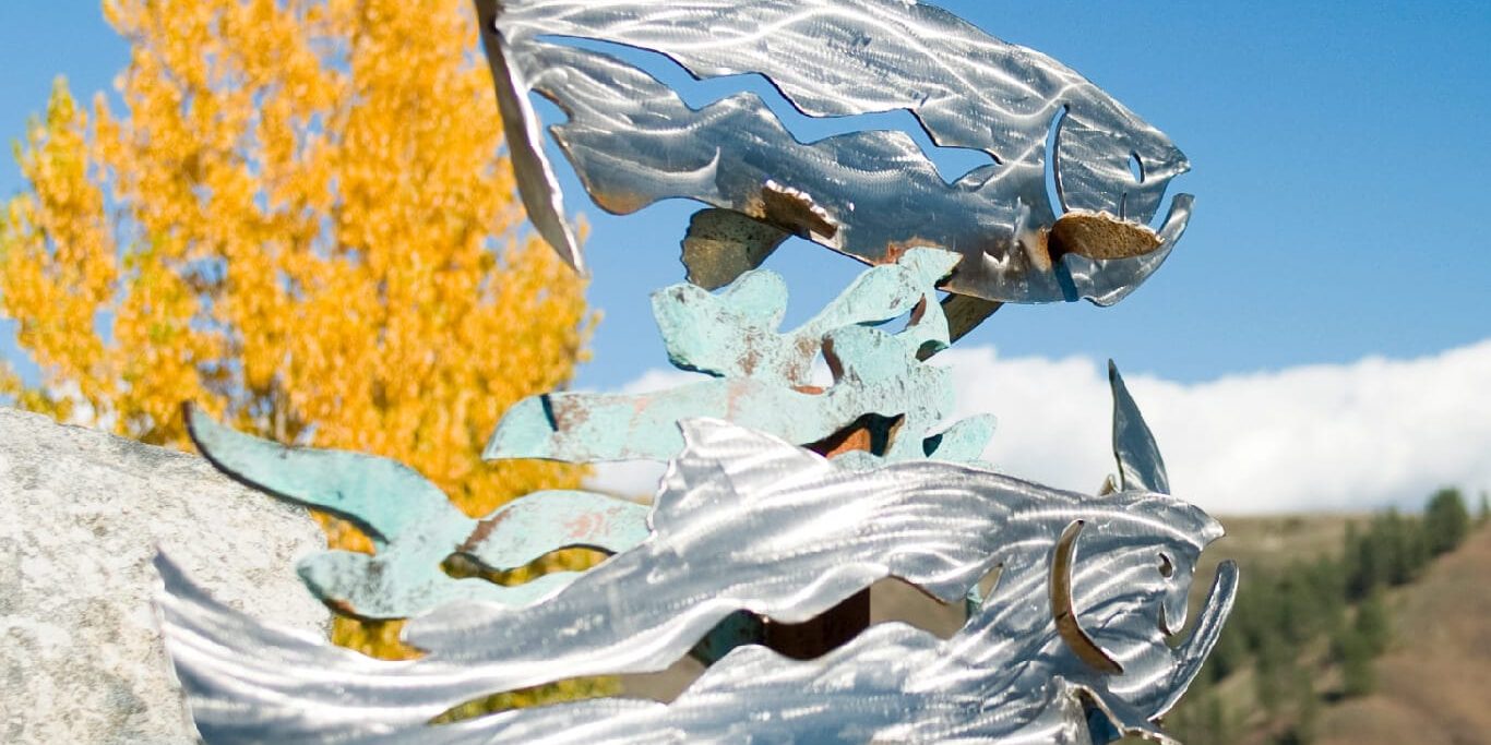 Close-up of a metal steelhead salmon sculpture, with an autumn tree in the background